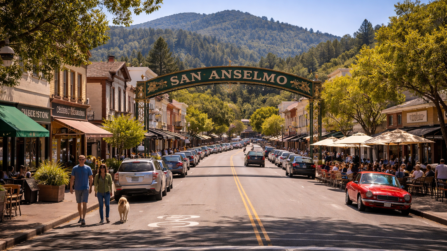San Anselmo Sir Francis Drake Boulevard, creek, and downtown