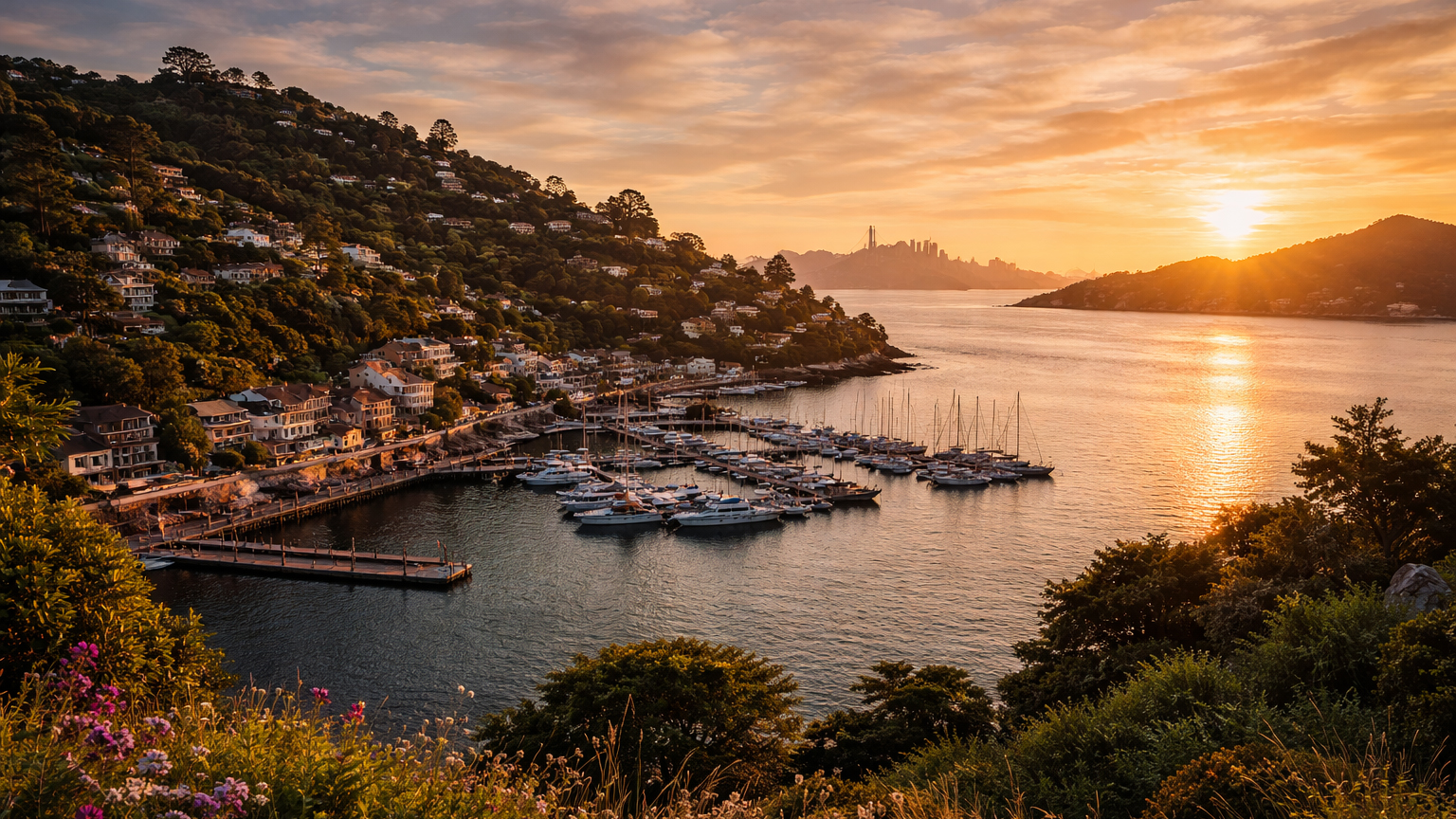 Tiburon waterfront, Ark Row, and San Francisco skyline views